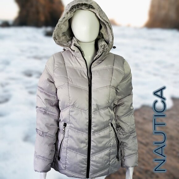 Nautica | Women's Hooded  Puffer Jacket Detachable Fx Fur Hood | Silver | NWOT - Picture 10 of 15
